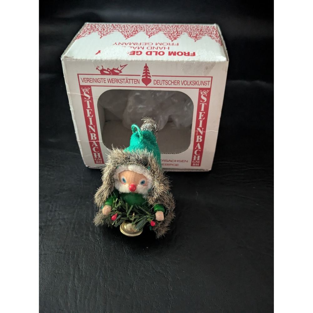 Steinbach German Wooden Christmas Ornament Gnome Green Fur Parka W Box